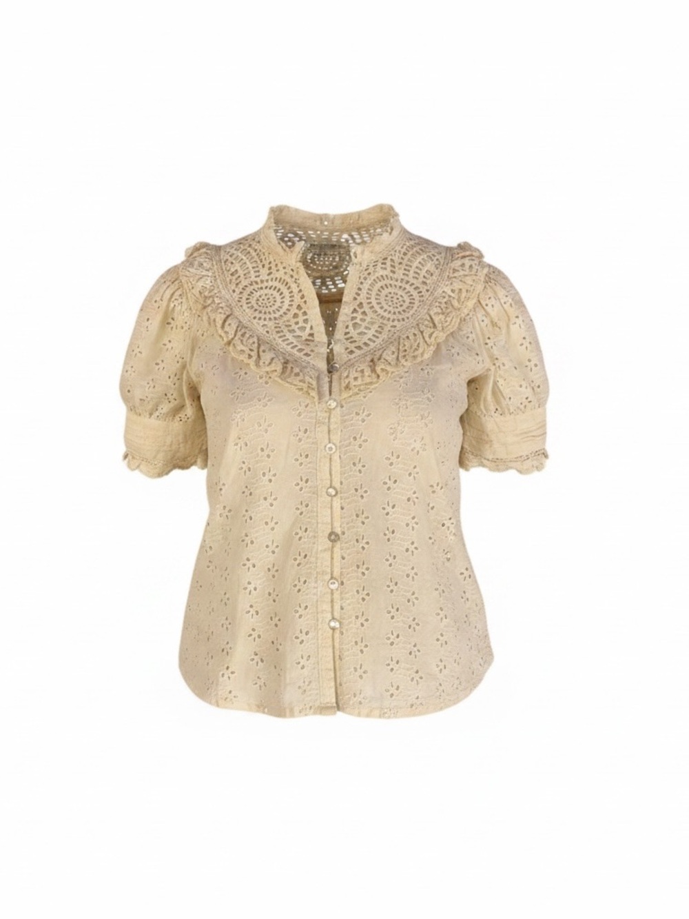 Eyelet Lace-Trim Puff Sleeve Blouse - Cream